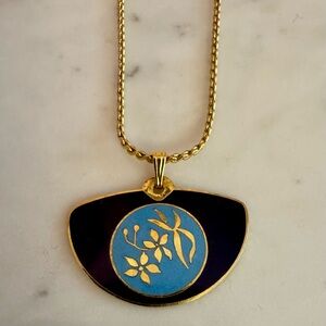 Biagi Gold-Toned Necklace with Enamelled Blue Flower Pendant